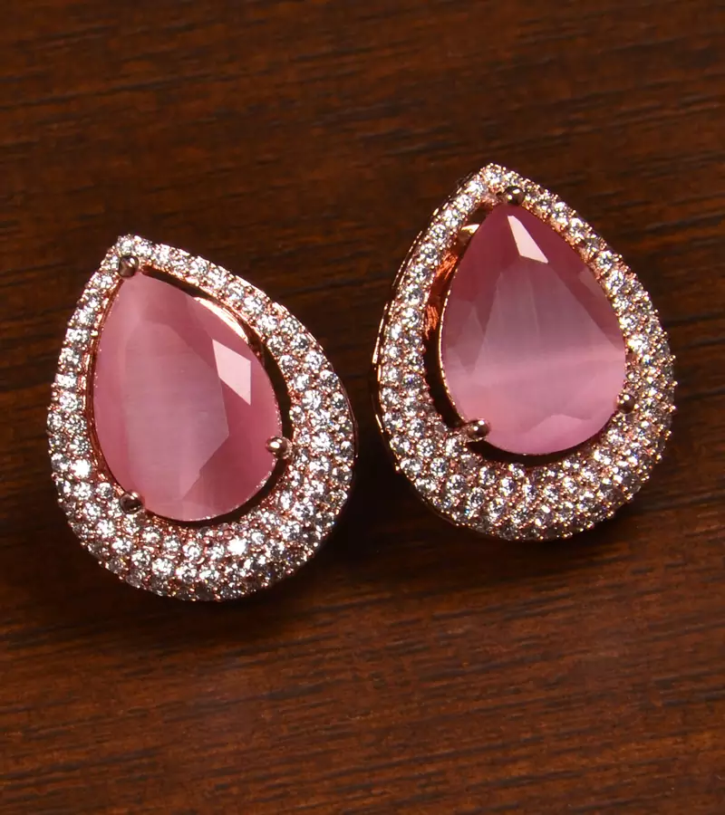 Rose Gold Plated American Diamond and Baby Pink Stone Embellished Stud 216ED418
