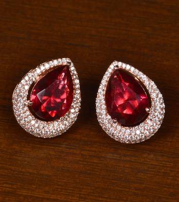 Rose Gold Plated American Diamond and Red Stone Embellished Stud 216ED419 1