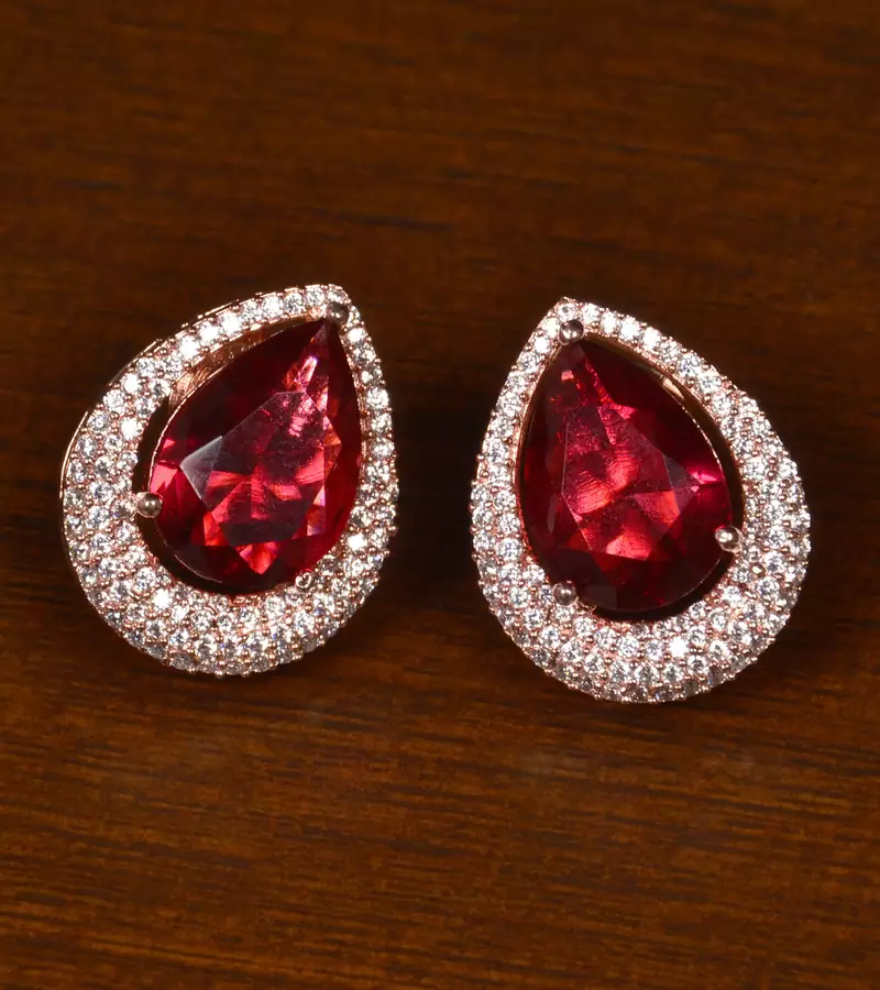 Rose Gold Plated American Diamond and Red Stone Embellished Stud 216ED419