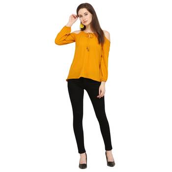 Mustard plain crepe short-kurtis 4