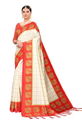 White printed art silk saree with blouse 1