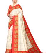 White printed art silk saree with blouse