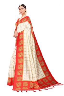 White printed art silk saree with blouse 3