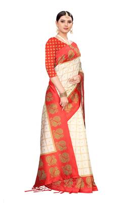White printed art silk saree with blouse 4