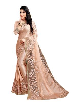 Peach plain silk blend saree with blouse 1