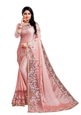 Pink plain silk blend saree with blouse 1