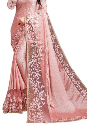 Pink plain silk blend saree with blouse 2