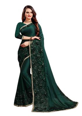 Teal plain silk blend saree with blouse 1