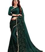 Teal plain silk blend saree with blouse