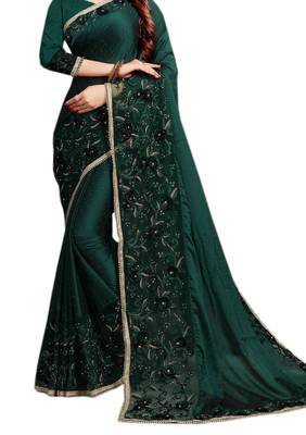 Teal plain silk blend saree with blouse 2