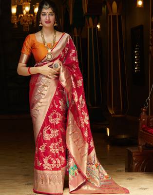 Red woven silk saree with blouse 1