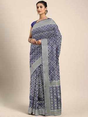 Navy blue woven silk blend saree with blouse 1