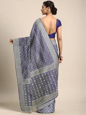 Navy blue woven silk blend saree with blouse 2
