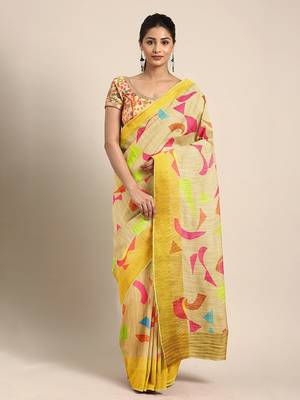 Yellow printed linen saree with blouse 1