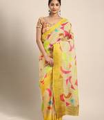 Yellow printed linen saree with blouse