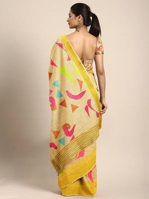 Yellow printed linen saree with blouse 2