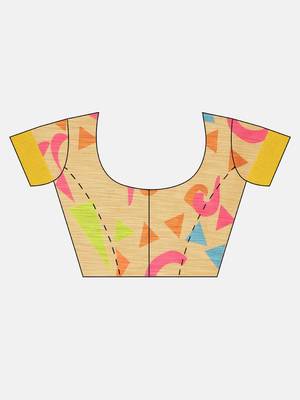 Yellow printed linen saree with blouse 3