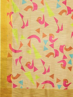 Yellow printed linen saree with blouse 4
