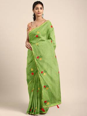 Green embroidered chanderi saree with blouse 1