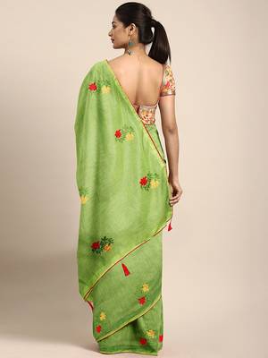 Green embroidered chanderi saree with blouse 2