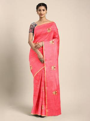 Peach embroidered chanderi saree with blouse 1