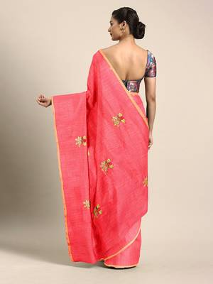 Peach embroidered chanderi saree with blouse 2
