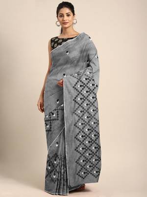 Grey embroidered chanderi saree with blouse 1