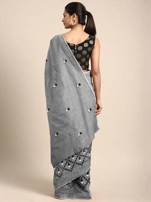 Grey embroidered chanderi saree with blouse 2