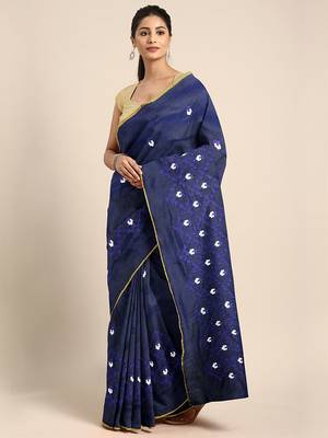 Navy blue embroidered chanderi saree with blouse 1