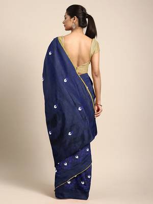 Navy blue embroidered chanderi saree with blouse 2