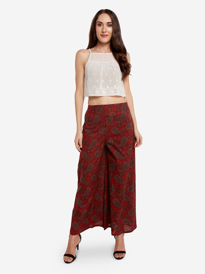 Maroon printed cotton palazzo-pants 