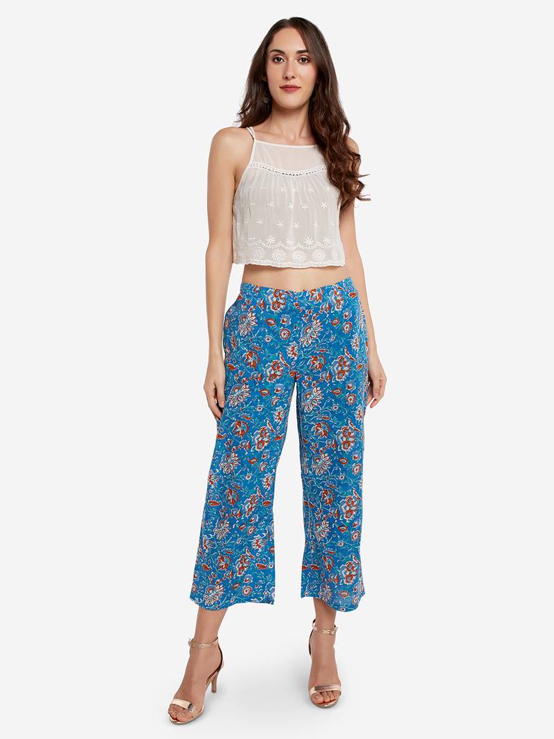 Designer Blue Linen Cotton Embroidered Palazo Pants Free Size P706