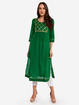 Green plain art silk long-kurtis 1
