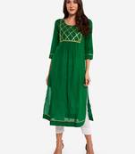 Green plain art silk long-kurtis