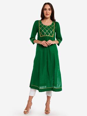 Green plain art silk long-kurtis 2