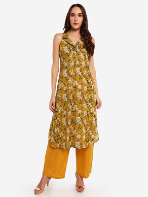 Mustard printed art silk long-kurtis 1
