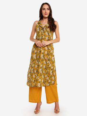 Mustard printed art silk long-kurtis 2