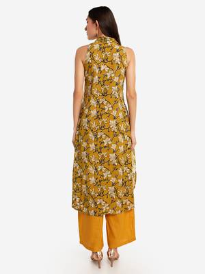 Mustard printed art silk long-kurtis 3