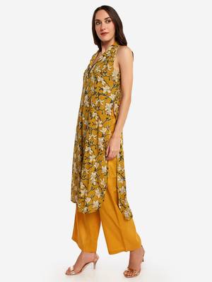 Mustard printed art silk long-kurtis 4