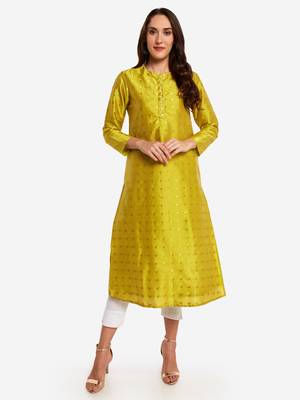 Lime woven art silk long-kurtis 1