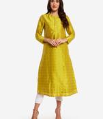 Lime woven art silk long-kurtis