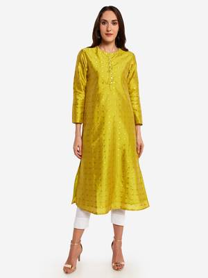 Lime woven art silk long-kurtis 2