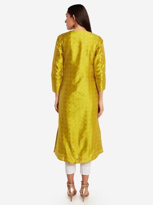 Lime woven art silk long-kurtis 3