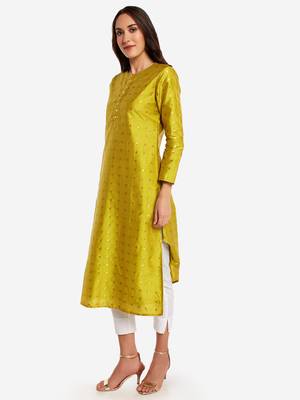 Lime woven art silk long-kurtis 4