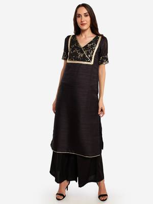 Black plain art silk long-kurtis 2