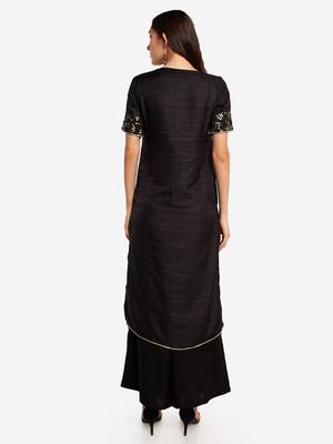 Black plain art silk long-kurtis 3