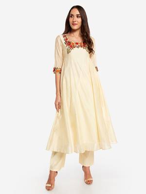 White embroidered art silk long-kurtis 1