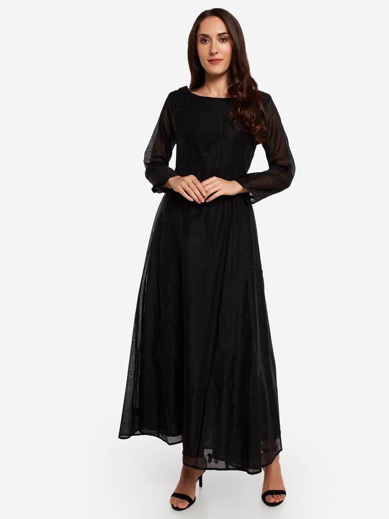 Black embroidered silk blend long-dresses - DESI WEAVESS - 3370344