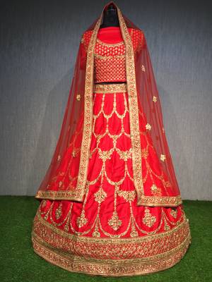 Red thread embroidery silk unstitched lehenga 1