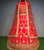 Red thread embroidery silk unstitched lehenga